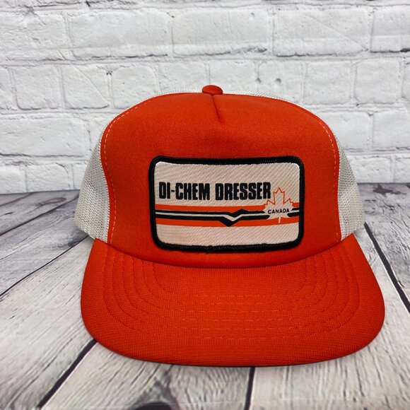 Vintage Trucker Hat Mesh Cap Snapback Orange White DI-CHEM Dresser Canada Patch - Picture 5 of 9
